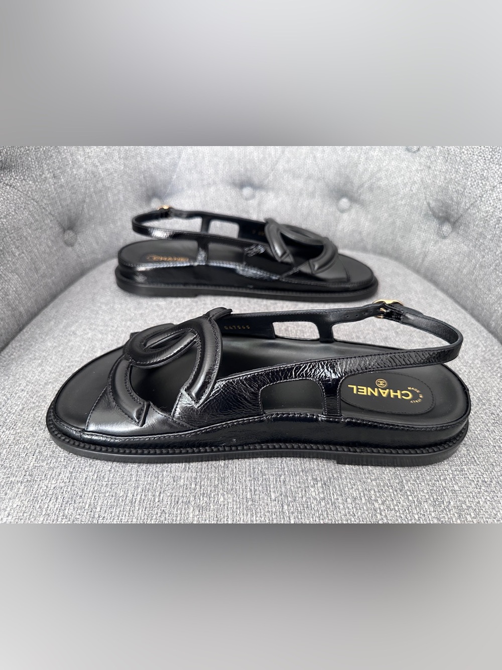 NEW BLAZY Chanel 2026 large CC LOGO BLACK LEATHER DADS SANDALS SIZE 38.5C - Picture 12 of 16